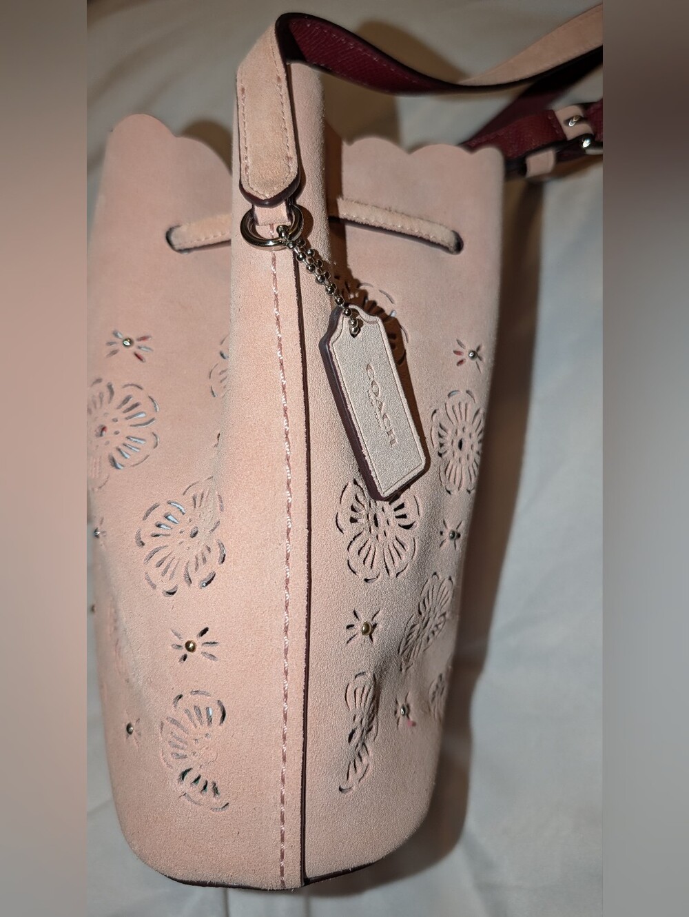 Coach Bucket Bag 18 w/ Cut Out TEA ROSE Suede Crossbody 25193 Pink Rose VGUC - Picture 11 of 14